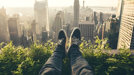 Naklejka na ściany i meble A person is sitting on a ledge in a city with a view of the skyline