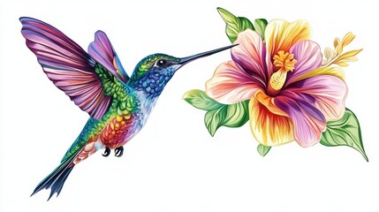 Obraz premium Vibrant Hummingbird Feeding on a Colorful Hibiscus Flower