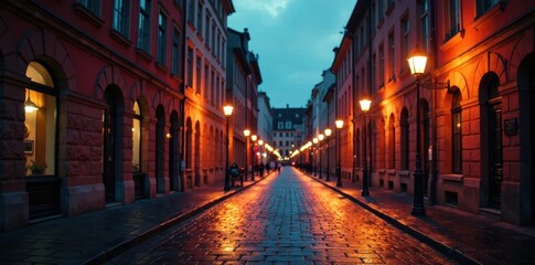 Fototapeta premium Vintage-style camera captures the intricate details of a European street at dusk with colorful streetlights, night time, vintage photography