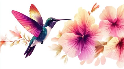 Vibrant Hummingbird Soaring Amidst Delicate Pink Flowers