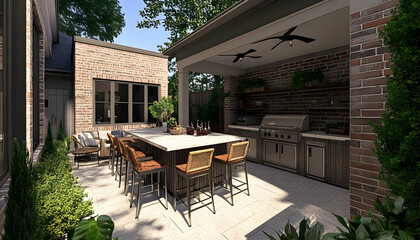 Fototapeta premium An inviting outdoor entertainment space featuring a barbecue setup and bar area, perfect for gatherings AI Generated