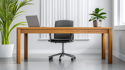 minimalist workspace featuring sleek wooden desk, black office chair, laptop, and indoor plants, creating calm and productive environment