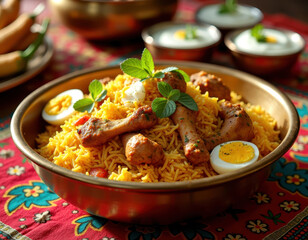 Fototapeta premium Traditional muslim cuisine with spiced rice and chicken for cultural celebrations