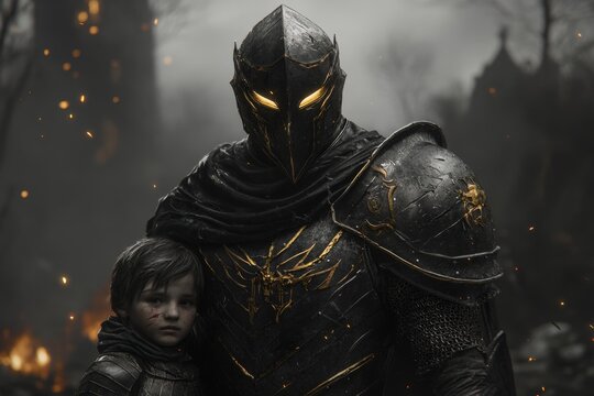 A knight standing beside a peasant child they just saved, with a destroyed village in the background
