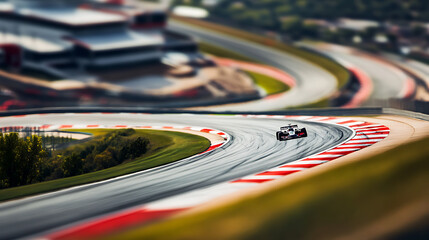 Obraz premium A Formula 1 race on a winding track, cars speeding by with motion blur and dramatic angles3