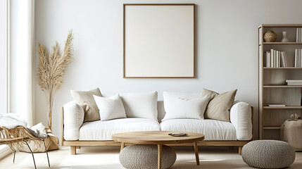 Minimalist Boho Living Room with Natural Wood Coffee Table, White Sofa, and Art Poster Frame