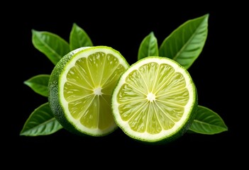 Fresh lime slice and half isolated cut out black background