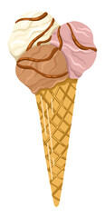 Ice Cream Cone with chocolate, vanilla, and strawberry flavors. Vector.