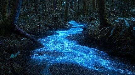 Fototapeta premium Enchanted Forest Stream: Bioluminescent River in the Night