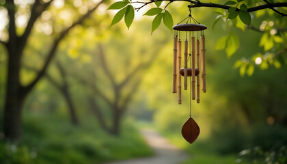 Beautiful Wind Chimes Hanging in a Serene Natural Setting