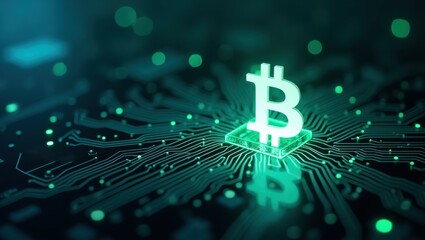 Glowing bitcoin symbol illuminated on a vibrant circuit network background at night