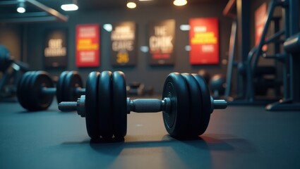 Fototapeta premium Surreal cinematic view of a pair of dumbbells lying on the gym floor with vibrant surroundings