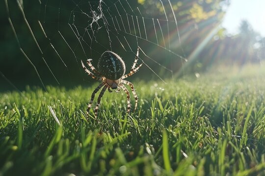 A green grass leaf hosts Wolf Spider Pardosa amentata