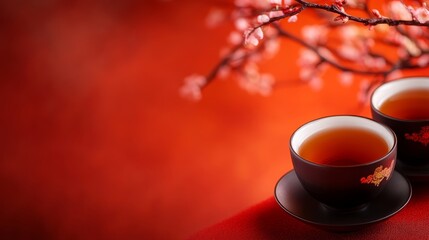 Two cups of tea on a red background with cherry blossom branches, evoking tranquility.