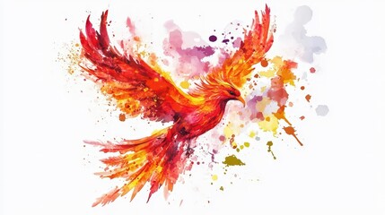 Fiery Phoenix Bird Soaring In Watercolor Splatter