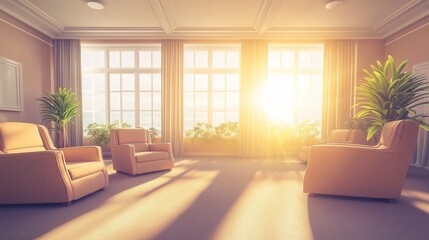 Fototapeta premium Empty retirement home common area with unoccupied chairs and quiet surroundings, reflecting solitude and the passage of time in aging communities.