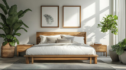 Fototapeta premium Scandinavian Bedroom Design with Natural Wood Accents