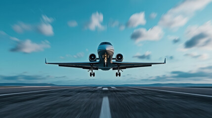 private plane takes off from airport runway against blue sky