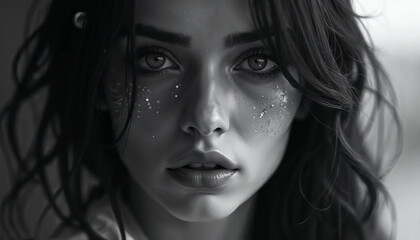 Fototapeta premium Monochromatic Portrait of a Young Woman with Glimmering Freckles: A Study in Light and Shadow, Black and White Photography