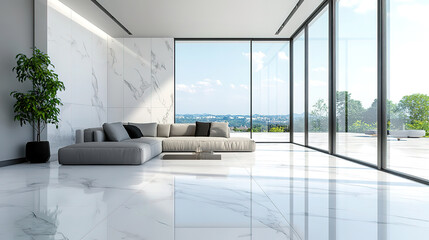 Spacious Minimalist Modern Living Room with Marble Tiled Floor