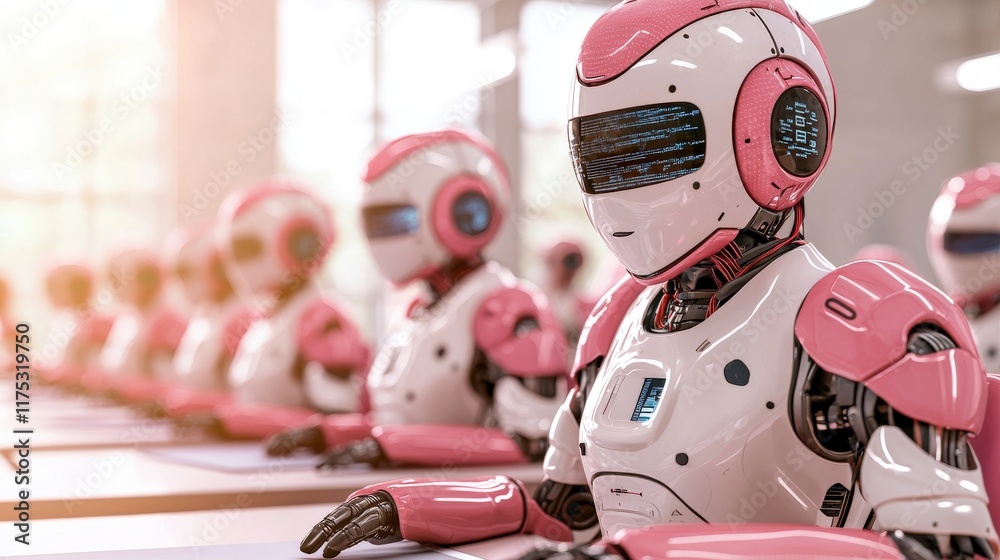 Poster futuristic robots in a modern office setting engaged in advanced technology and artificial intellige