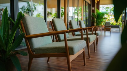 Fototapeta premium Empty retirement home common area with unoccupied chairs and quiet surroundings, reflecting solitude and the passage of time in aging communities.