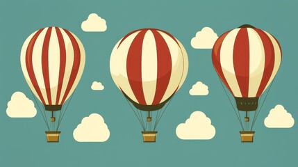 Three Retro-Styled Hot Air Balloons Ascending in a Blue Sky