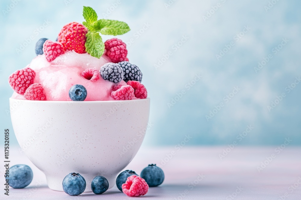Poster a minimalist design of a bingsu bowl with simple shapes representing shaved ice and colorful topping