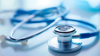 High angle view of a stethoscope lying on a medical examination table in a hospital or clinic setting representing healthcare medical diagnosis and treatment