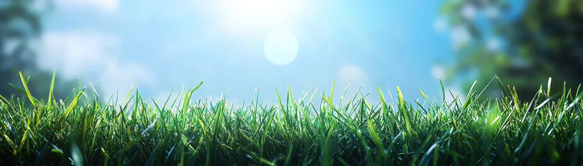 Fototapeta premium beautiful panoramic view of green field with sunlight and blue sky