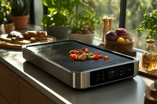 Sleek electric griddle with non-stick surface, digital temperature control, and stainless steel finish on a kitchen counter