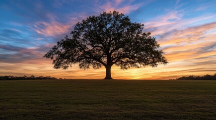 Fototapeta premium Lone oak tree sunset, field, colorful sky, nature serenity.