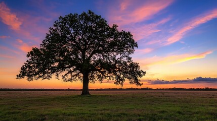 Obraz premium Lone oak tree sunset field landscape, nature serenity.
