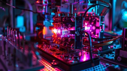 Fototapeta premium Intricate electronic circuit board filled with glowing lights microchips and other futuristic technology elements