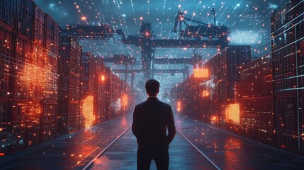 Fototapeta premium Logistics coordinator, surrounded by digital and technological symbols icons, cargo handling efficiency,back view