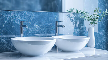 Elegant blue and white bathroom with oval marble double sinks and modern faucets