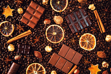 Background of coffee beans, dark and milk chocolate pieces, cinnamon, dried orange and star anise.