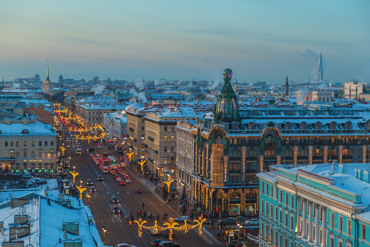 Aerial view of festively decorated Nevsky Prospect and the House of Books from the Dumskaya Tower.