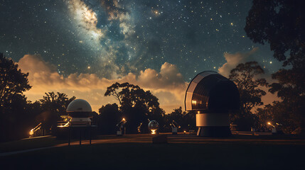 Obraz premium A stargazing event at an observatory, telescopes set up under a stunning night sky1