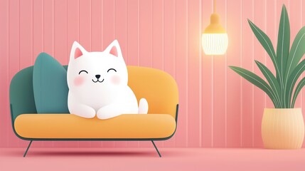 Cute Cartoon Cat Sitting Comfortably on a Colorful Couch in a Trendy Living Room with Soft Lighting and Green Plant