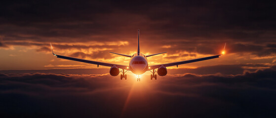 private jet descends through dramatic clouds at sunset, creating stunning silhouette
