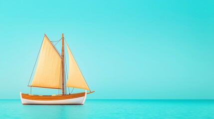 Fototapeta premium Elegant sailing boat with yellow sails on calm turquoise water under clear blue sky during sunny day