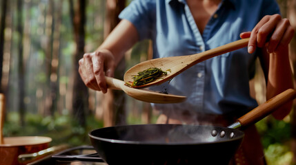 Fototapeta premium Person cooking outdoors with wooden utensils and fresh ingredients.