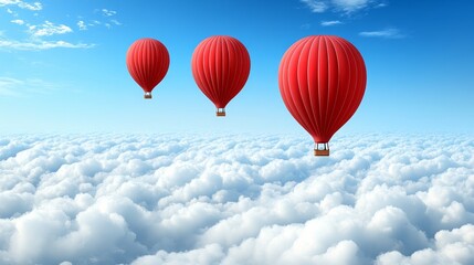 Naklejka premium Three vibrant red hot air balloons soaring gracefully above a sea of fluffy white clouds under a bright blue sky