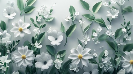 Elegant White Floral Arrangement: A Serene 3D Render of Delicate Blooms and Lush Greenery