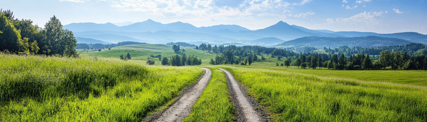 Fototapeta premium scenic countryside landscape with dirt road leading through lush green fields and distant mountains under blue sky