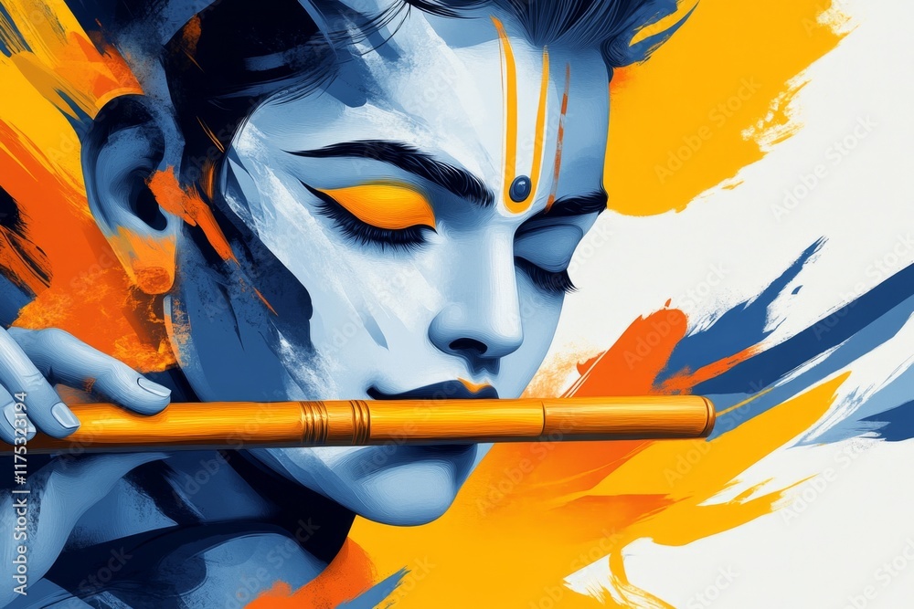 Aufkleber A pixel art depiction of Krishna playing his flute, with bright colors and blocky textures creating a nostalgic retro style