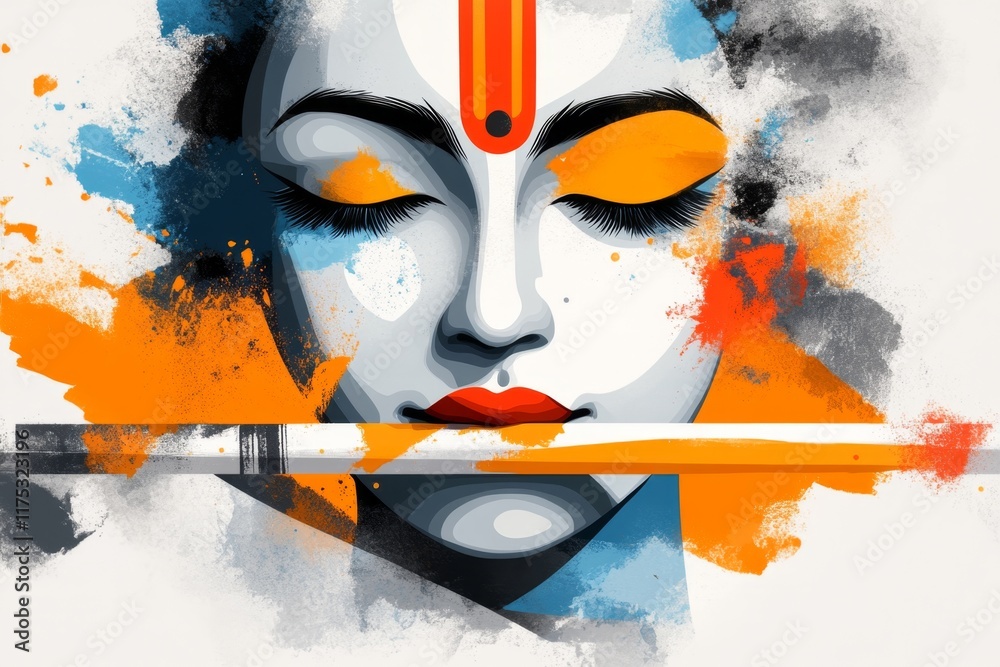 Poster a pixel art depiction of krishna playing his flute, with bright colors and blocky textures creating 
