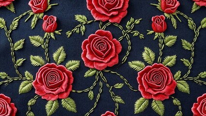 Intricate Red Rose Embroidery Pattern with Green Leaves on a Deep Navy Fabric Background