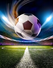 Stadion im Hintergrund: Fußball fliegt durch die Luft